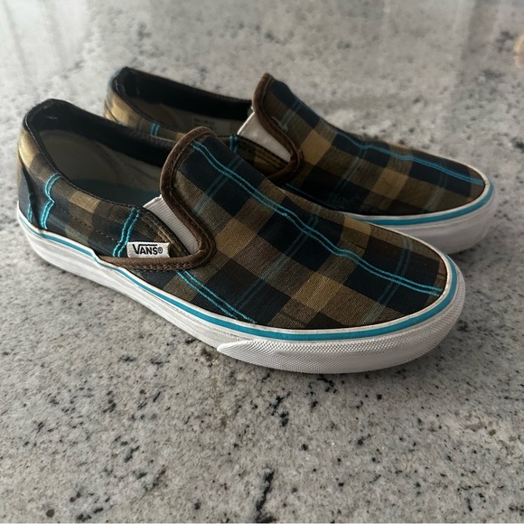 Vans Plaid Slip-On Sneakers Brown Teal Checkered Low Profile Shoes‎ - Picture 6 of 6
